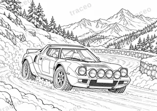 Querformatige Schwarz-Weiß-Malvorlage von Lancia Stratos · Monte Carlo, ohne gezeichnete Logos oder Sponsoren