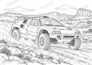 Coloriage noir et blanc au format horizontal de citroën zx rallye-raid · désert, sans logos ni sponsors dessinés