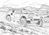 Querformatige Schwarz-Weiß-Malseite von Citroën ZX Rallye-Raid · Wüste, ohne gezeichnete Logos oder Sponsoren