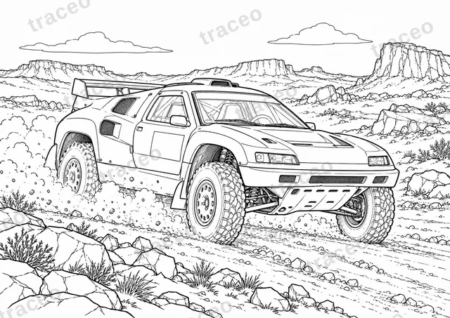 Horizontal-format black-and-white colouring page of citroën zx rallye-raid · desert, without drawn logos or sponsors