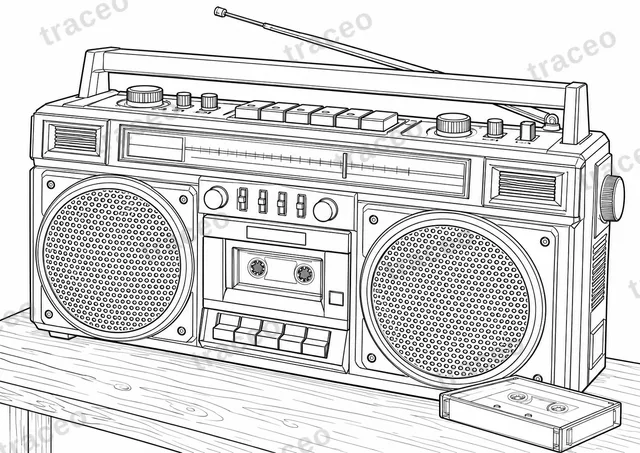 Página para colorir de paisagem em preto e branco de um boombox portátil, sem marcas ou logotipos