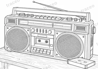 Lámina horizontal en blanco y negro de radiocasete portátil, sin marcas ni logotipos