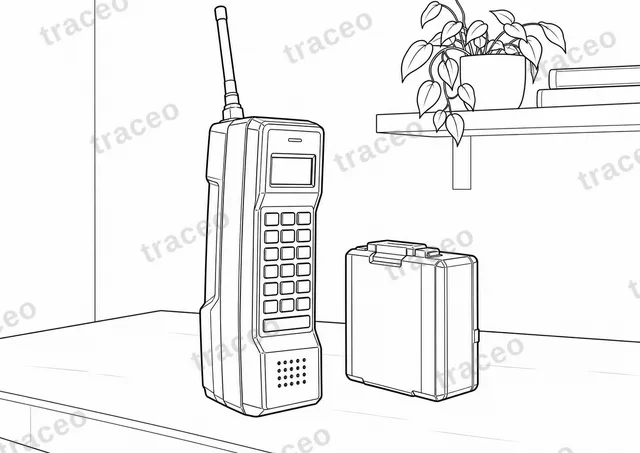 Pagina de colorat peisaj alb-negru a telefonului mobil de prima generatie, fara marci sau logo-uri