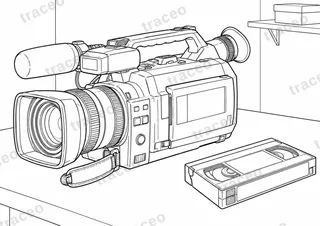 Black-and-white landscape colouring page of tape camcorder, without brands or logos