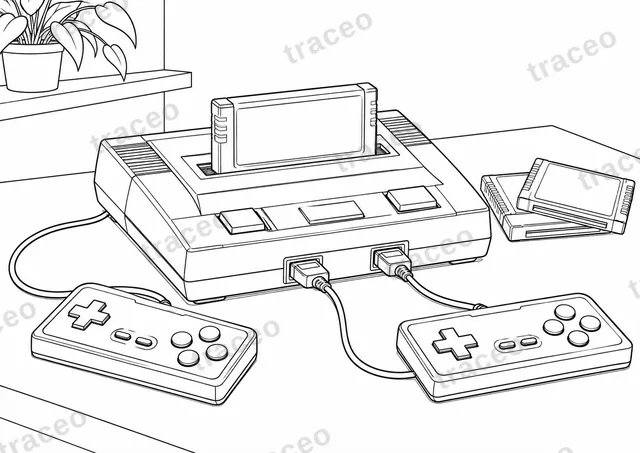 カートリッジ式ゲーム機を描いた横向きの白黒ぬりえ。ブランド名やロゴなし。