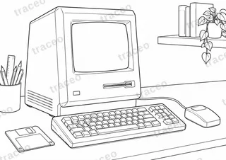 Black-and-white landscape colouring page of compact all-in-one computer, without brands or logos