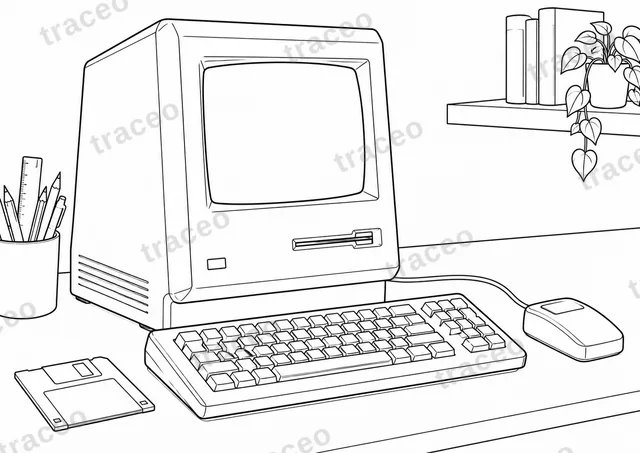 Malvorlage im Schwarz-Weiß-Querformat eines kompakten All-in-One-Computers, ohne Marken oder Logos