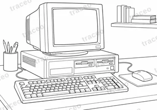 Black-and-white landscape colouring page of classic desktop pc, without brands or logos