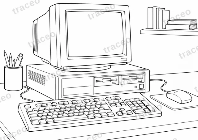 Página para colorir de paisagem em preto e branco de um PC de mesa clássico, sem marcas ou logotipos