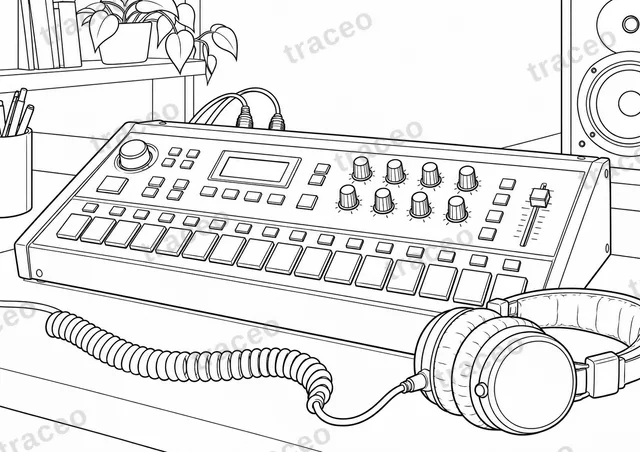 Black-and-white landscape colouring page of drum machine, without brands or logos