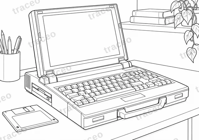 Página para colorir de paisagem em preto e branco dos primeiros laptops, sem marcas ou logotipos