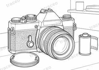 Black-and-white landscape colouring page of 35 mm film slr camera, without brands or logos