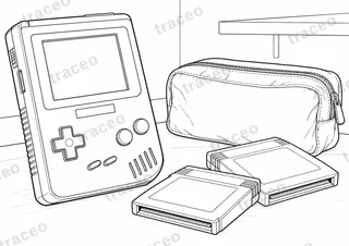 Lámina horizontal en blanco y negro de consola portátil clásica, sin marcas ni logotipos
