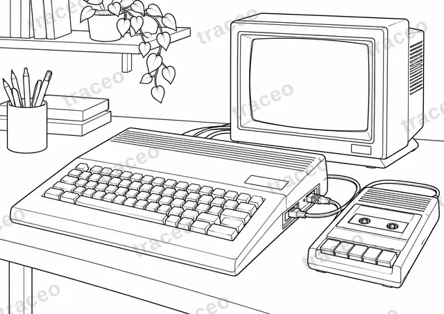 Black-and-white landscape colouring page of home microcomputer, without brands or logos