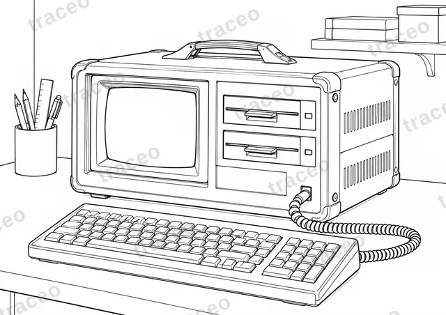 Black-and-white landscape colouring page of luggable computer, without brands or logos