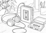 Lámina horizontal en blanco y negro de reproductor de casetes personal, sin marcas ni logotipos