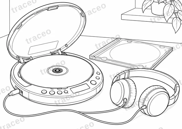 Página para colorir de paisagem em preto e branco de um CD player portátil, sem marcas ou logotipos