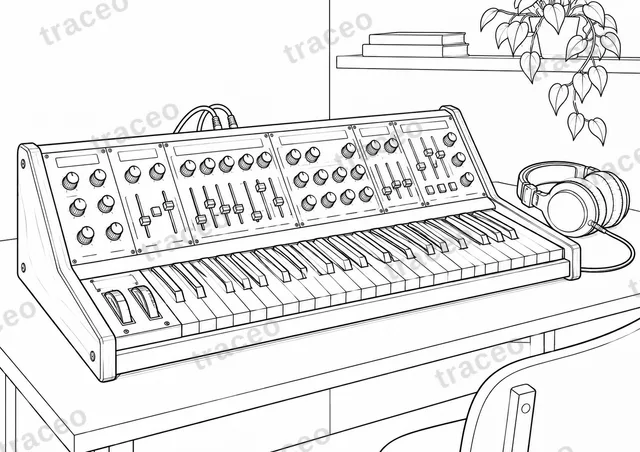 Schwarz-weiße Malvorlage im Querformat eines analogen Synthesizers, ohne Marken oder Logos