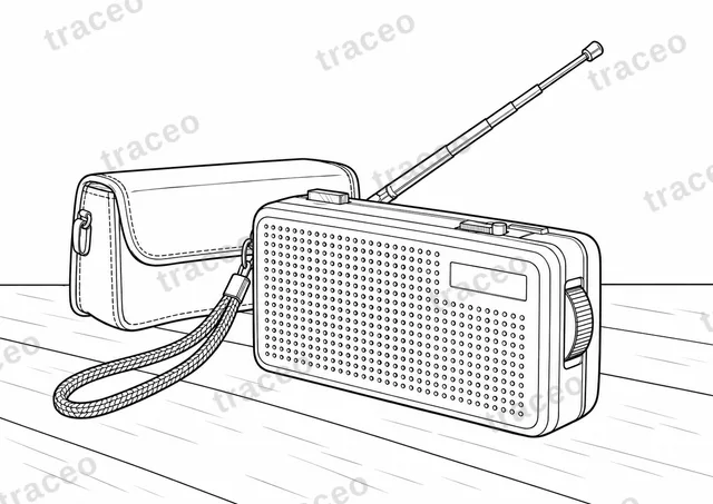 Schwarzweiß-Querformat-Ausmalseite eines Transistorradios, ohne Marken oder Logos