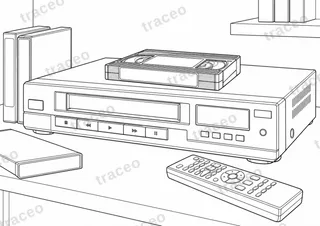 Black-and-white landscape colouring page of home video recorder, without brands or logos