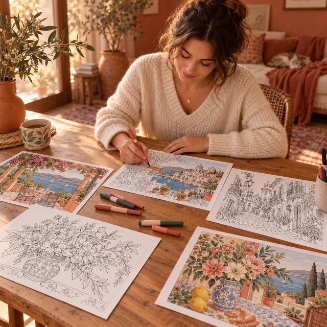 A woman colouring pages at a table by the window, with pencils and warm light.