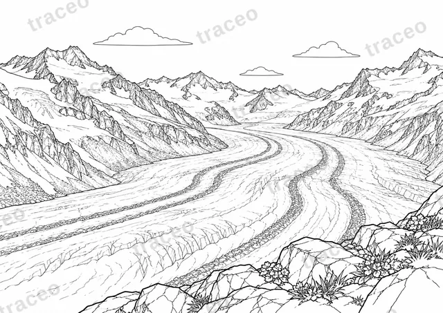 Landscape colouring page of Aletsch Glacier, drawn in black outlines on white