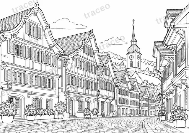 Landscape colouring page of Appenzell Houses, drawn in black outlines on white