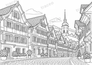 Landscape colouring page of Appenzell Houses, drawn in black outlines on white