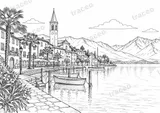 Landscape colouring page of Ascona and Lake Maggiore, drawn in black outlines on white