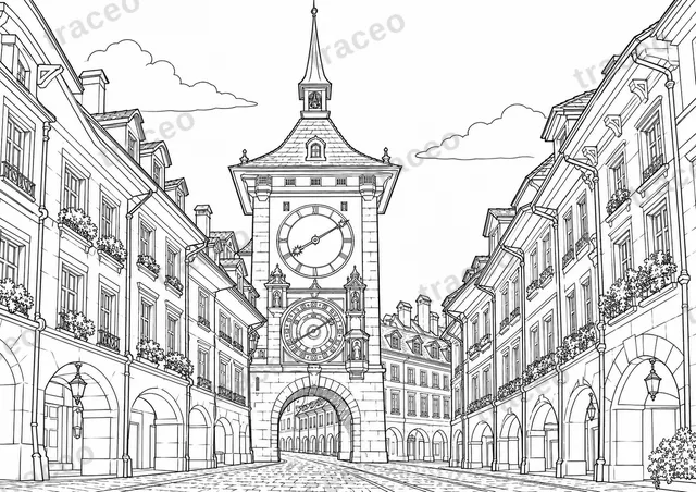 Landscape colouring page of Bern and Zytglogge, drawn in black outlines on white