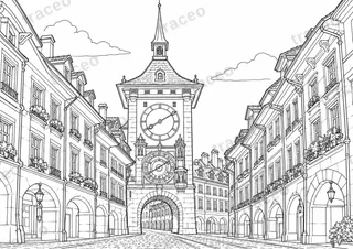 Landscape colouring page of Bern and Zytglogge, drawn in black outlines on white