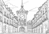Landscape colouring page of Bern and Zytglogge, drawn in black outlines on white