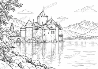 Landscape colouring page of Chillon Castle, drawn in black outlines on white