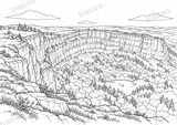 Landscape colouring page of Creux du Van, drawn in black outlines on white