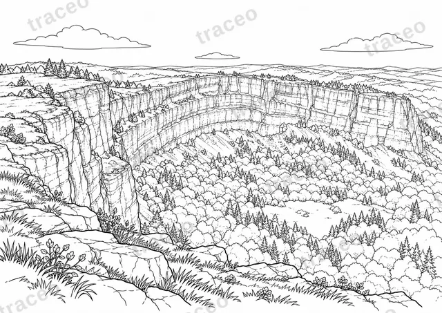 Desenho a preto e branco de Creux du Van; vista prévia com marca de água.