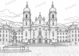 Landscape colouring page of Einsiedeln Abbey, drawn in black outlines on white