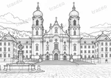 Landscape colouring page of Einsiedeln Abbey, drawn in black outlines on white