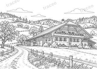 Landscape colouring page of Emmental Hills and Farmhouse, drawn in black outlines on white
