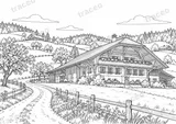Landscape colouring page of Emmental Hills and Farmhouse, drawn in black outlines on white