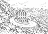 Landscape colouring page of Furka Pass and Hotel Belvédère, drawn in black outlines on white