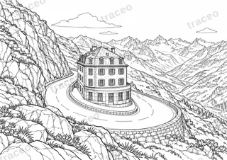 Landscape colouring page of Furka Pass and Hotel Belvédère, drawn in black outlines on white