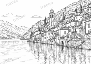 Landscape colouring page of Gandria and Lake Lugano, drawn in black outlines on white