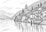 Landscape colouring page of Gandria and Lake Lugano, drawn in black outlines on white