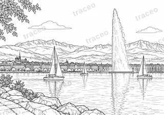 Landscape colouring page of Geneva and Jet d’Eau, drawn in black outlines on white