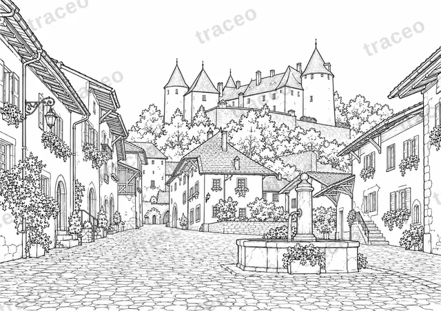 Lámina horizontal para colorear de Gruyères y su castillo, dibujada con líneas negras sobre blanco