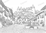 Landscape colouring page of Gruyères and its Castle, drawn in black outlines on white