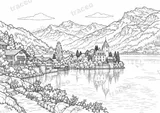 Landscape colouring page of Iseltwald and Seeburg, drawn in black outlines on white