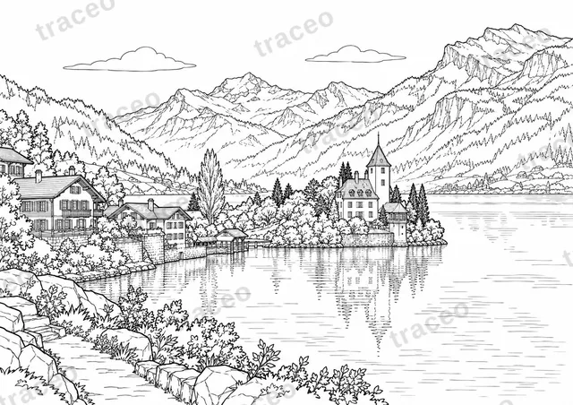 Schwarz-Weiß-Zeichnung von Iseltwald und Seeburg; Vorschau mit Wasserzeichen.