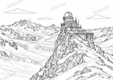 Landscape colouring page of Jungfraujoch and Sphinx Observatory, drawn in black outlines on white