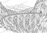 Landscape colouring page of Landwasser Viaduct, drawn in black outlines on white